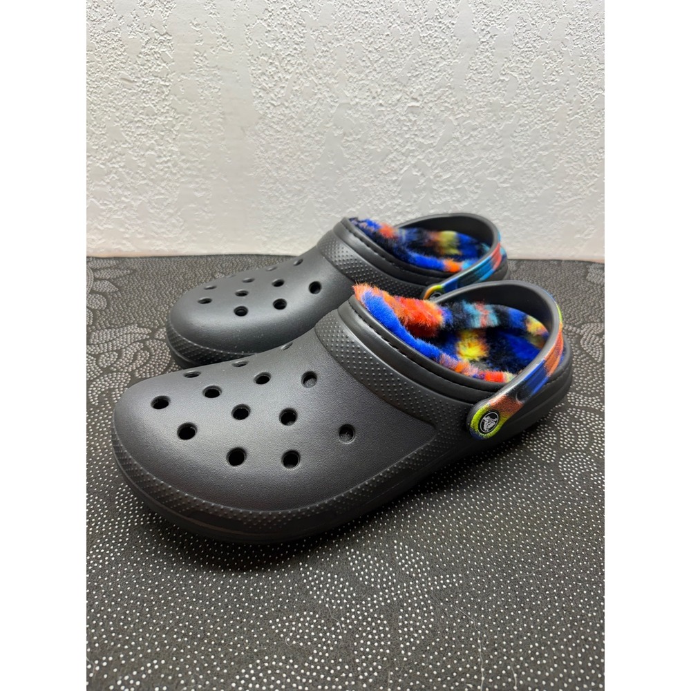 Crocs Classic Lined Clog Black Multi Tie Dye Faux Fur Mens Size 12 203591